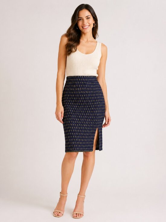 Anthropologie Dresses & Skirts - Anthropologie Maeve Hannon Pencil Skirt Womens 12 Navy Yellow Textured Side Slit